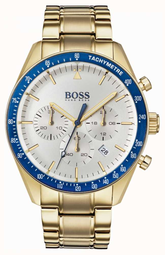 hugo boss mens trophy watch white chronograph dial gold tone