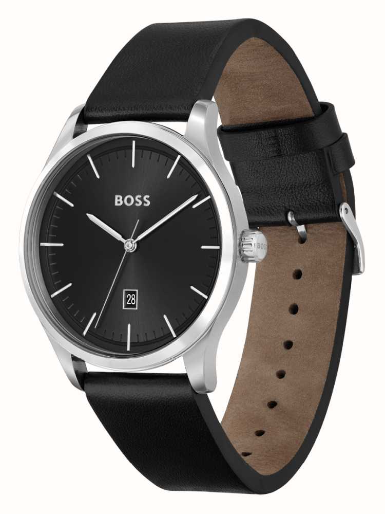BOSS Men\'s Reason | First USA Watches™ Leather Class Black | - Dial Strap Black 1513981