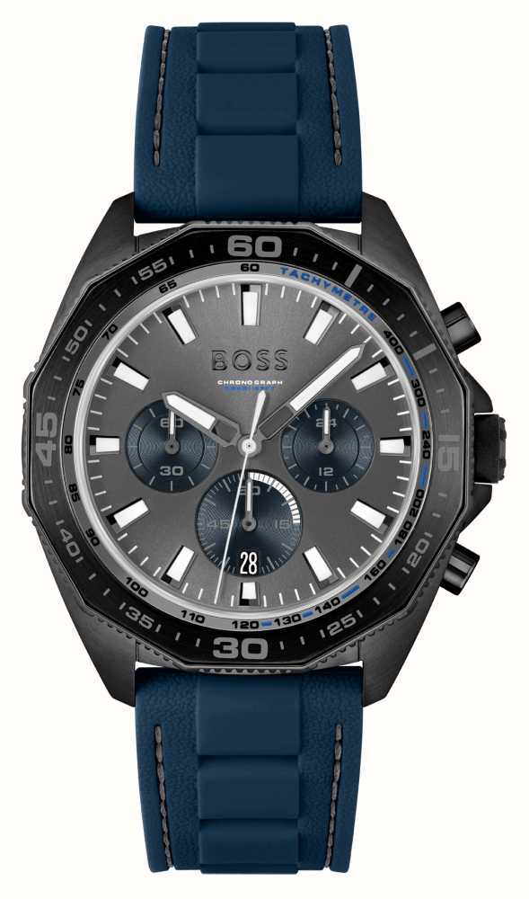 BOSS Men\'s Energy Blue Dial Class Silicone Chronograph 1513972 - | Grey | Watches™ Strap First USA