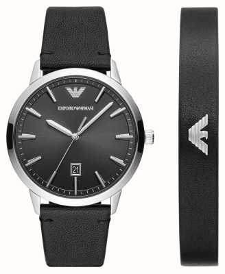 Emporio Armani Men's Gift Set | Black Dial | Black Leather Strap | Black Leather Bracelet AR80064SET