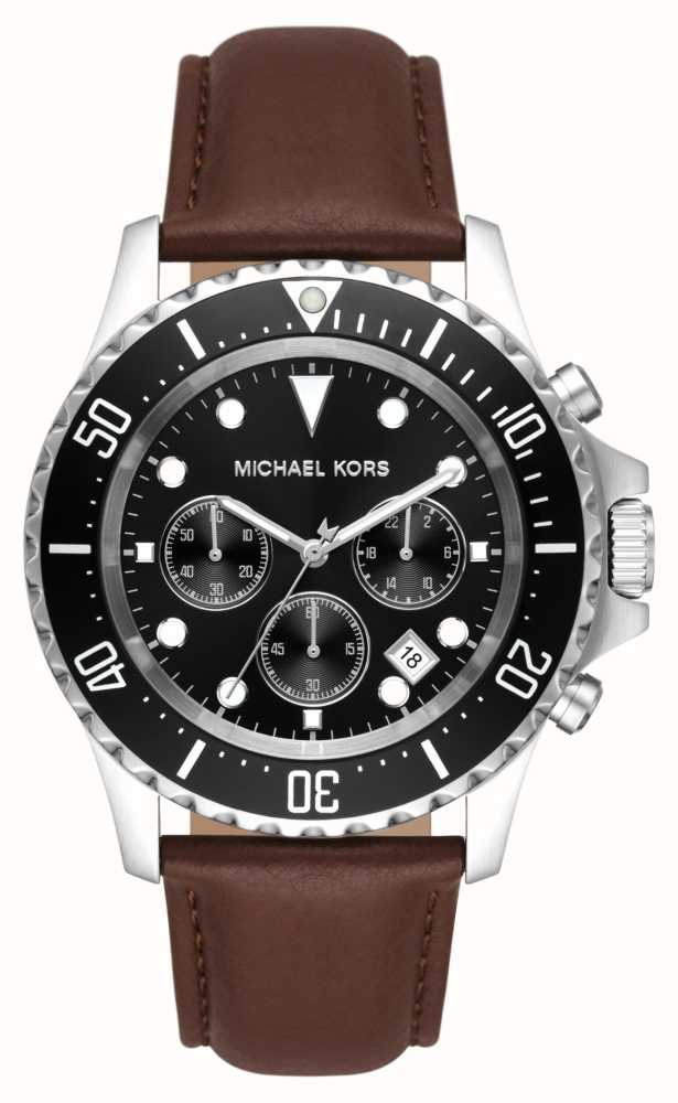Michael Kors | Black Leather Class - USA Everest First MK9054 | Brown Dial Watches™ Strap Chronograph