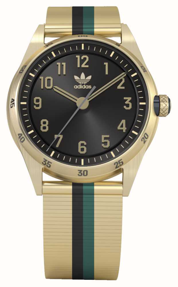 Adidas CODE FOUR | Black Dial | Gold-Tone Striped Stainless Steel Bracelet  AOSY22526 - First Class Watches™ USA | Quarzuhren