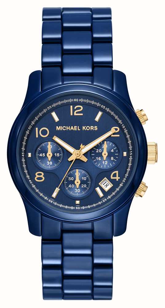 Class Watches™ Stainless Runway Blue Dial | Steel Women\'s USA | Blue MK7332 - Kors Bracelet Michael Chrono First