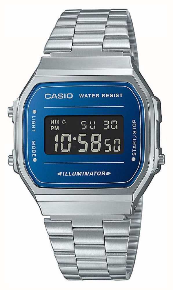 Casio Vintage Illuminator Blue Digital Dial / Stainless Steel Bracelet  A168WEM-2BEF - First Class Watches™ USA