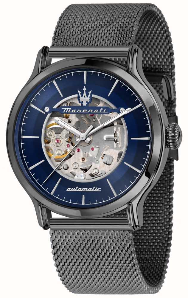 Maserati Men\'s Epoca Automatic (42mm) Blue Skeleton Dial / Grey Steel Mesh  R8823118012 - First Class Watches™ USA
