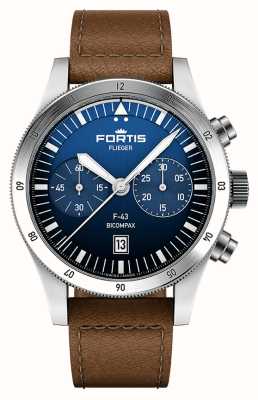 FORTIS Flieger F-43 Bicompax Liberty Blue (43mm) Teak Brown Leather Aviator Strap F4240013