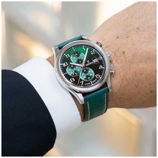 Festina Men's Chronograph (43mm) Green Dial / Green Leather Strap F20375/8  - First Class Watches™ USA
