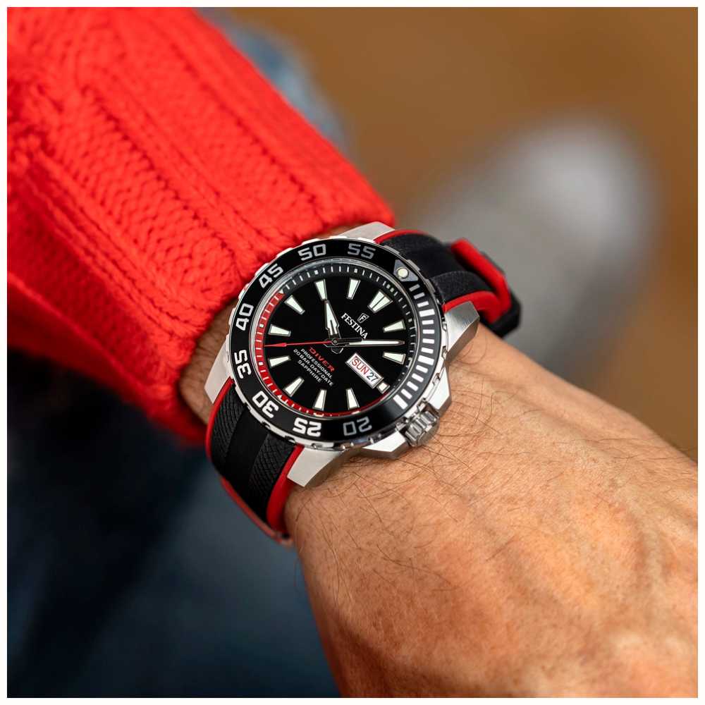 Festina Men's Diver (45mm) Black Dial / Black And Red Rubber Strap F20662/3  - First Class Watches™ USA