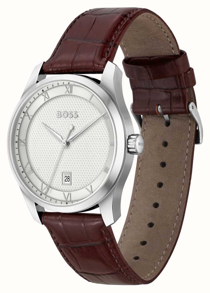BOSS Principle (41mm) Silver Dial Watches™ USA Leather Strap Class - 1514114 First Brown 