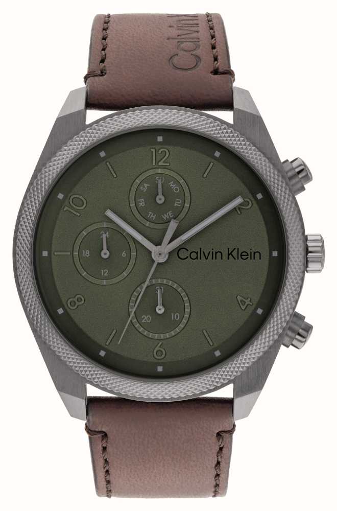Calvin Klein Impact Men's (44mm) Green Dial / Brown Leather Strap 25200363  - First Class Watches™ USA