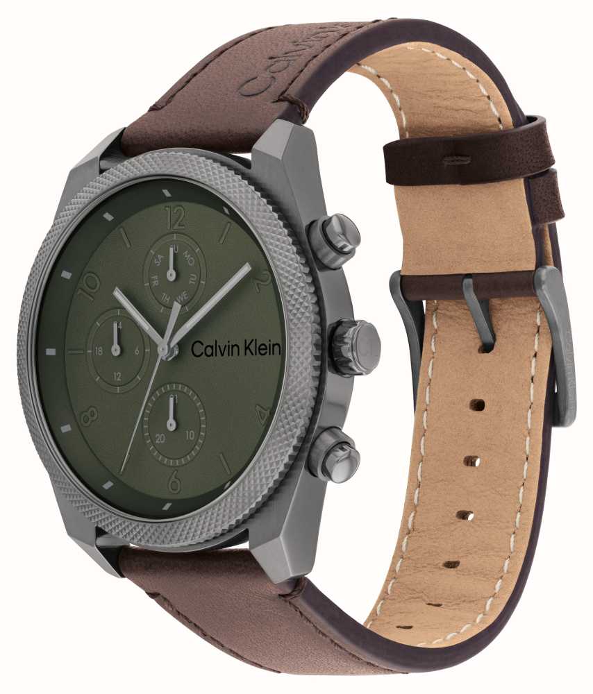 Brown Klein USA 25200363 Class (44mm) - Impact Green Calvin Strap Dial Men\'s Leather First Watches™ /