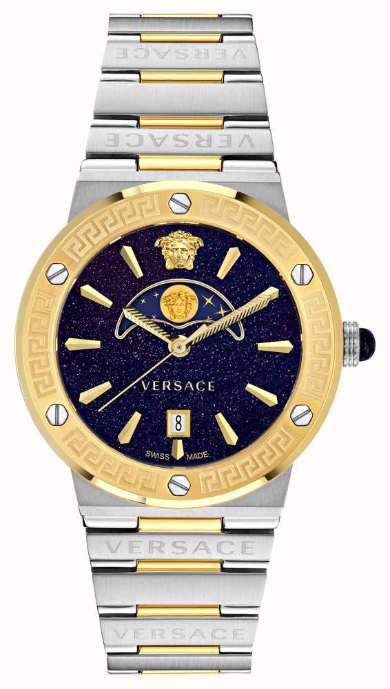 Versace GRECA LOGO MOONPHASE (44mm) First Steel / - VE7G00223 Two-Tone Midnight Class Stainless Dial USA Blue Watches™
