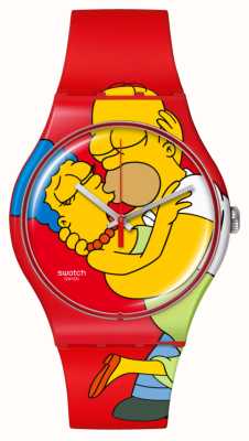 Swatch x The Simpsons SWEET EMBRACE (41mm) Simpsons-Printed Dial / Red Silicone Strap SO29Z120