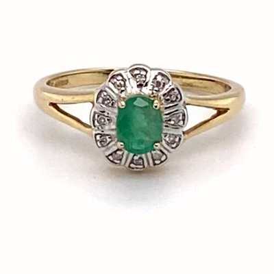 Pre-owned 9ct Yellow Gold Diamond Emerald Ring JM9462