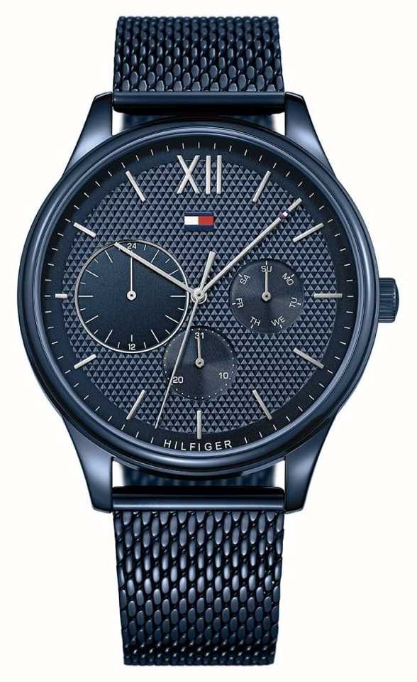 tommy hilfiger men's grey ip blue dial bracelet watch