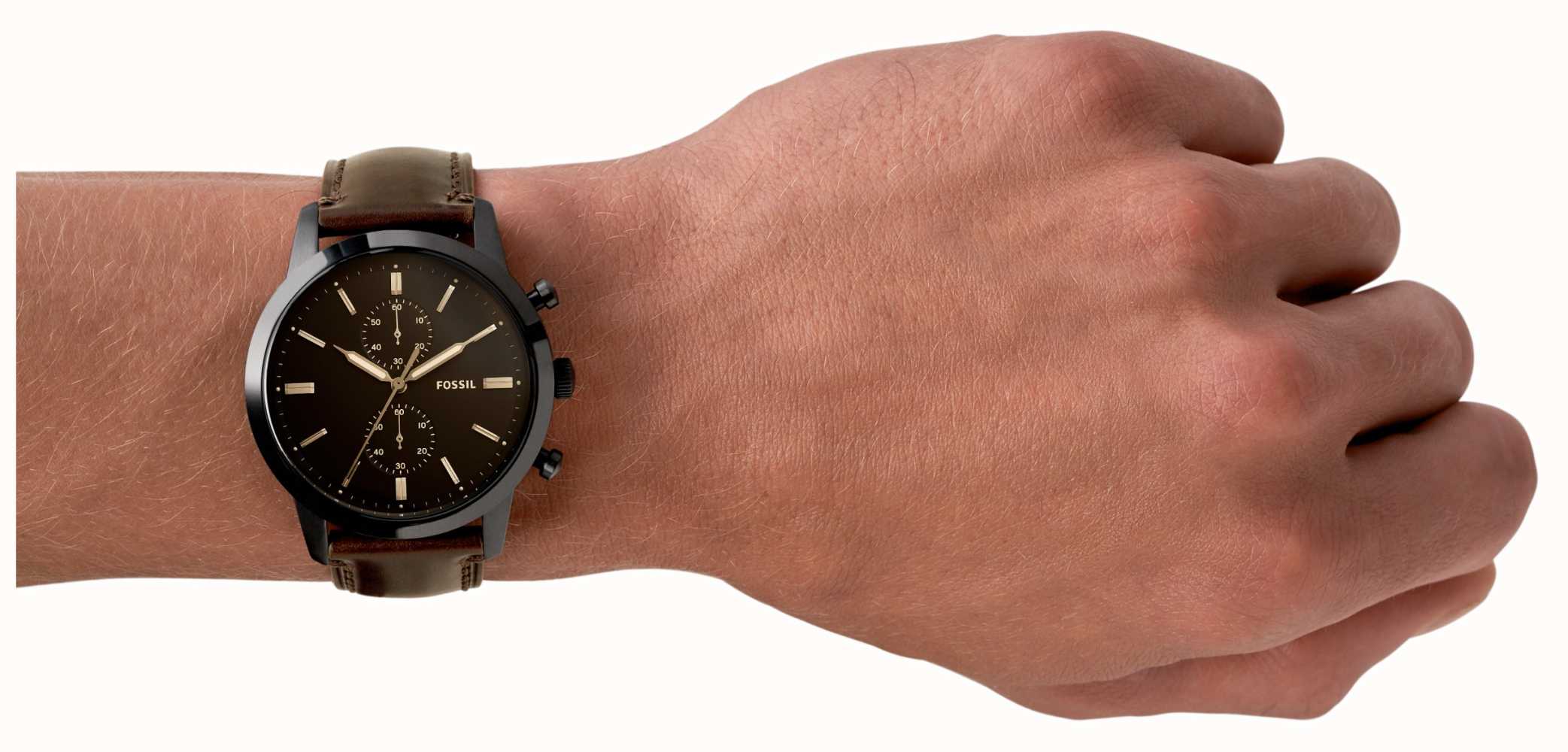 Fossil Men's Townsman | Black Chronograph Dial | Brown Leather Strap ...