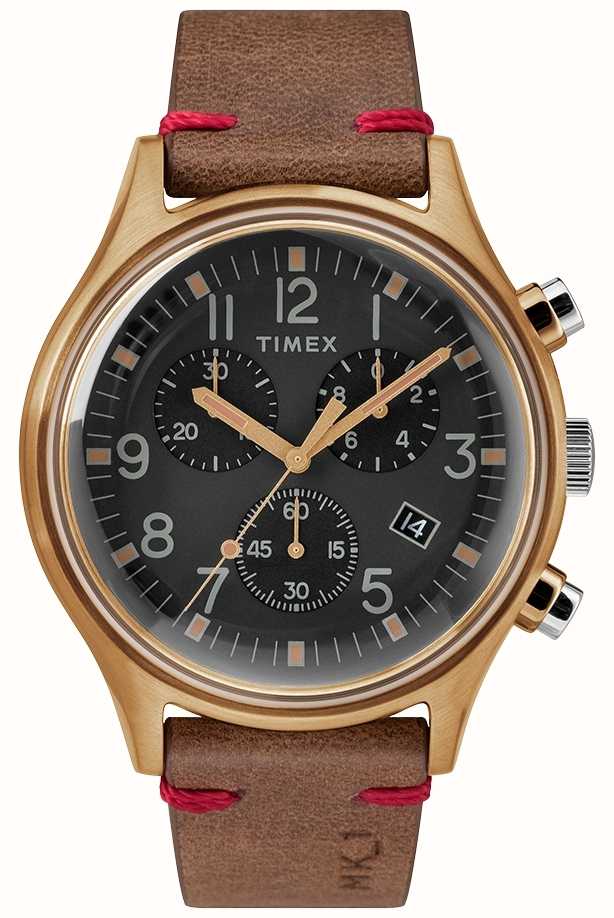 Timex Mens MK1 SST Chrono 42mm Bronze Case Black Dial Brown Strap ...