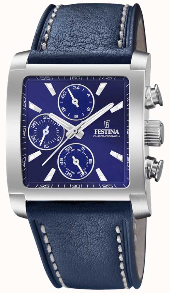 USA Stainless Chronograph | - Men\'s Steel Blue Festina | Strap Watches™ Leather F20424/2 First | Class