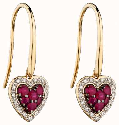 Elements Gold 9k Yellow Gold Ruby And Diamond Heart Drop Earrings GE2284R
