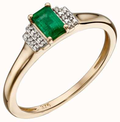 Elements Gold 9ct Yellow Gold Emerald Diamond Deco Ring GR567G