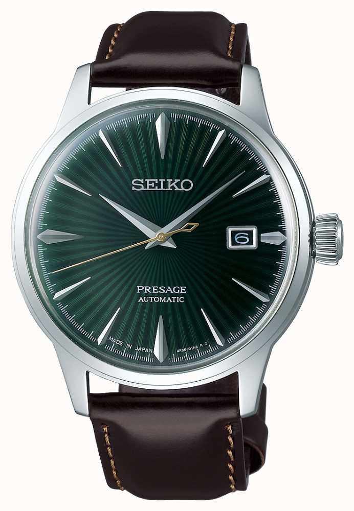 Seiko Presage Automatic Green Dial 'Cocktail Time' Brown Leather Strap  SRPD37J1 - First Class Watches™ USA