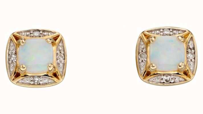 Elements Gold 9ct Yellow Gold Square Diamond And Opal Studs GE2317W