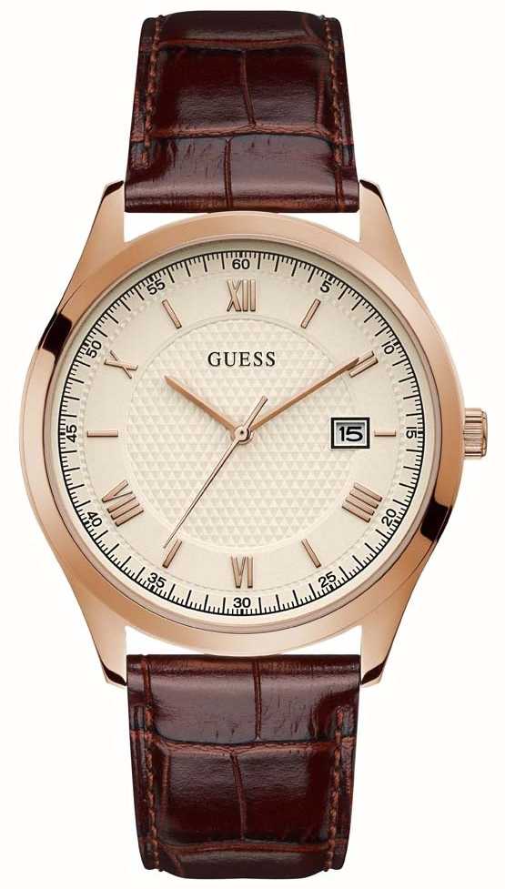 guess men's brown leather strap watch