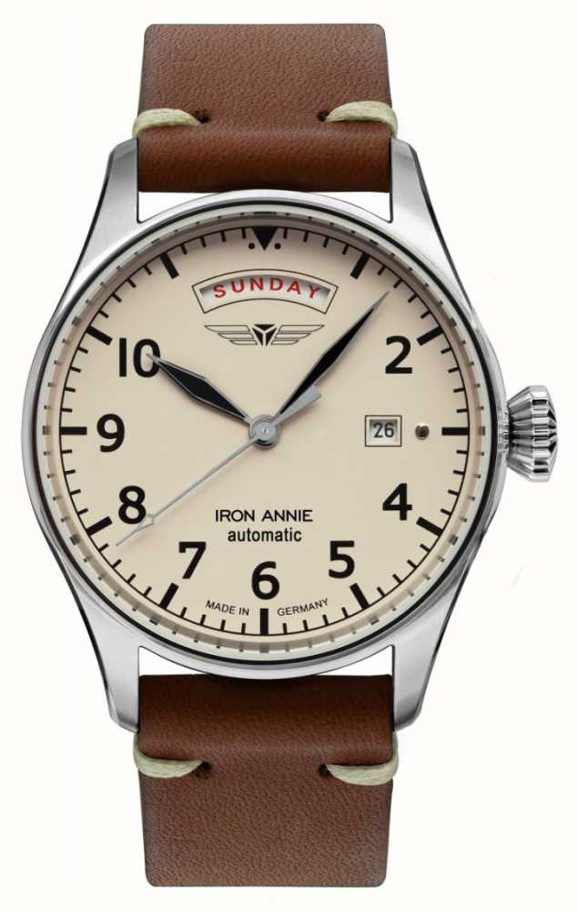 Iron Annie Flight Class Strap Watches™ Control Beige 5164-3 Dial Automatic | - USA Leather First | Brown