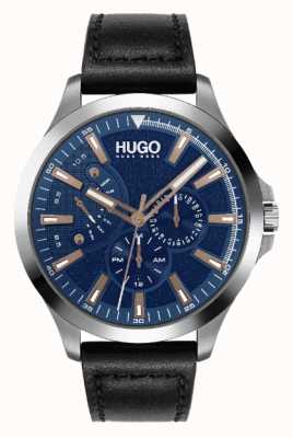 HUGO Men's #LEAP | Blue Dial | Rose-gold Accent | Black Leather Strap Watch 1530172