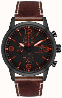 Citizen Men's Sport Eco-drive Black IP Brown Leather Strap Watch CA0617-11E