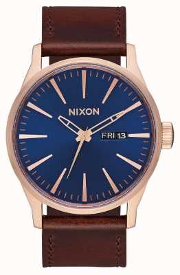 Nixon Sentry Leather | Rose Gold / Navy / Brown | Brown Leather Strap | Navy Dial A105-2867-00