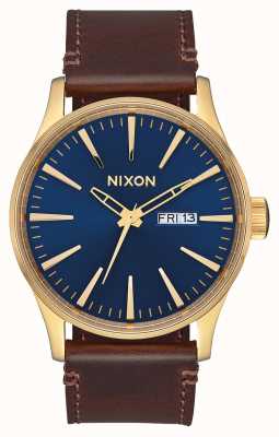 Nixon Sentry Leather | Polished Gold / Navy Sunray | Brown Leather Strap | Blue Dial A105-3320-00