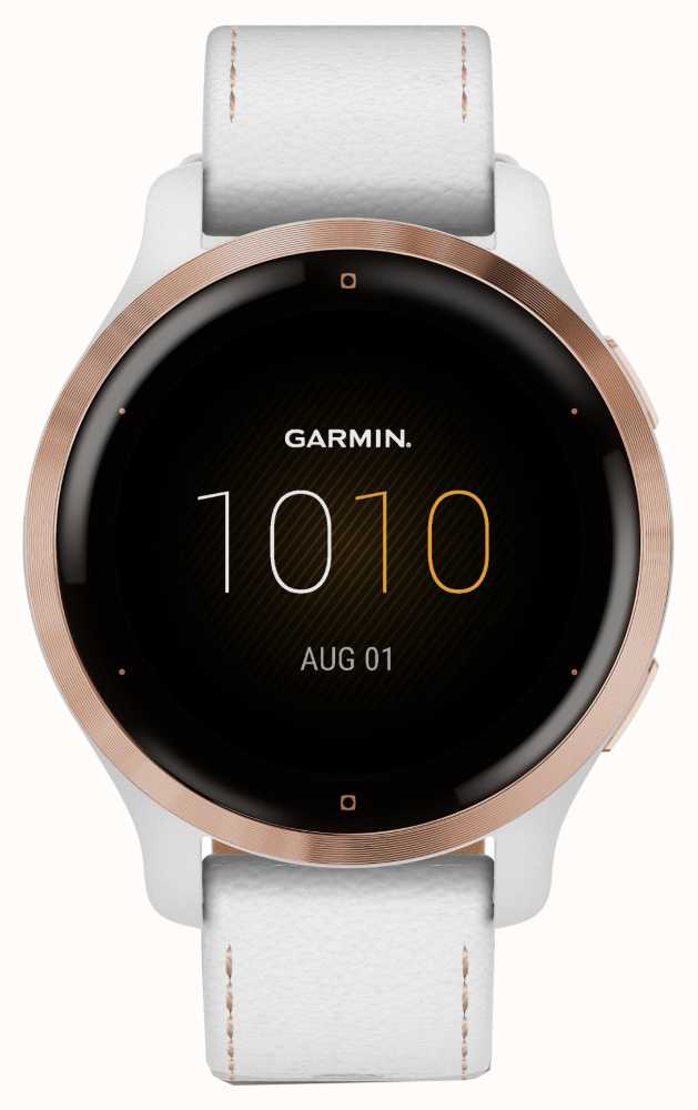 Garmin Venu 2S | 40mm Rose Gold Plated Bezel | White Case | Leather Strap  010-02429-23 - First Class Watches™ USA
