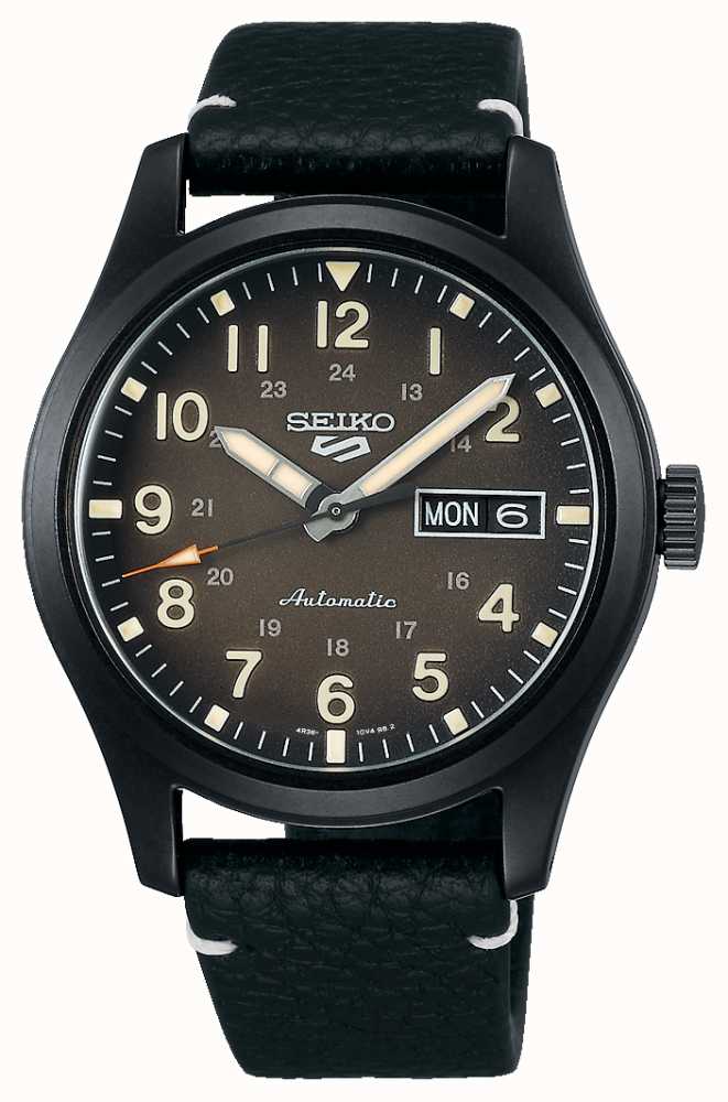 Seiko 5 Sports Field Black Plated Leather Strap Watch SRPG41K1 Class USA