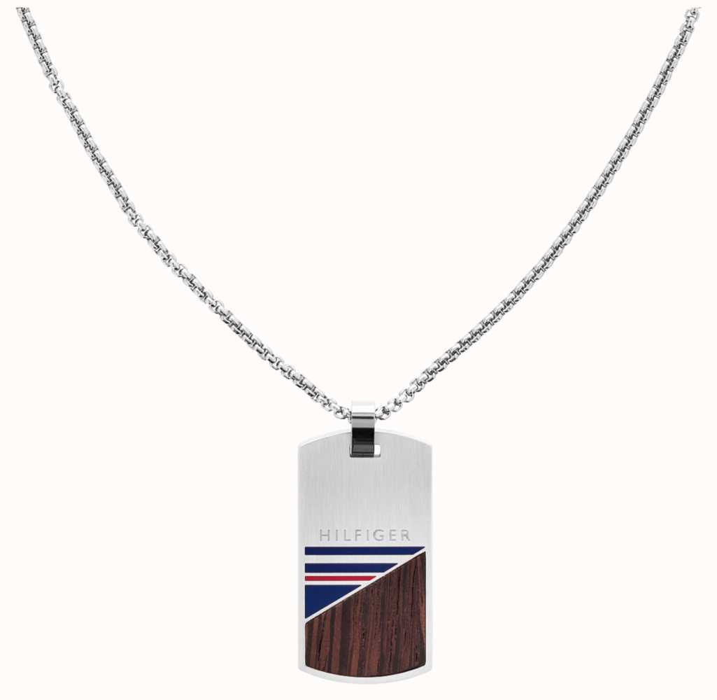 Tommy Hilfiger Braided Brown Leather SS Dog Tag Gents Necklace | Edmonds