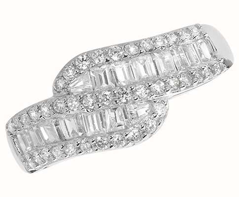 James Moore TH Silver Cubic Zirconia Baguette Cross Over Ring