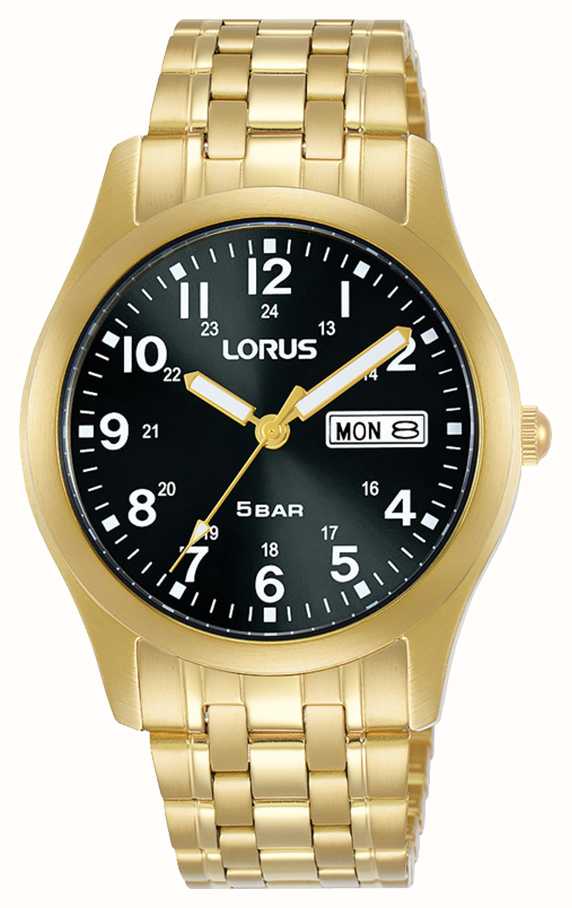 Classic Class Lorus Black RXN76DX9 Watches™ / First USA - Gold Day/Date Stainless Dial PVD Steel (38mm) Sunray