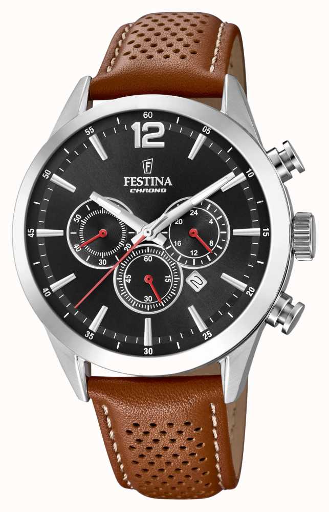 | Black Watches™ Class | Men\'s - F20542/6 Leather Strap Festina Dial USA Chronograph First Brown