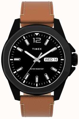 Timex Essex Ave Day/Date 44mm Black Case Black Dial Brown Leather Strap TW2U15100