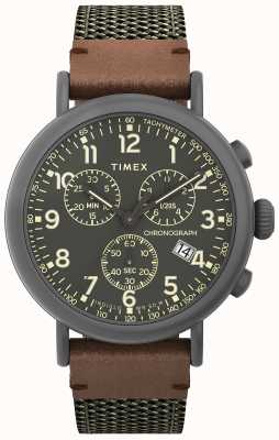 Timex Standard Chrono 41mm Gray Case Olive Dial Olive Fabric Leather Strap TW2U89500