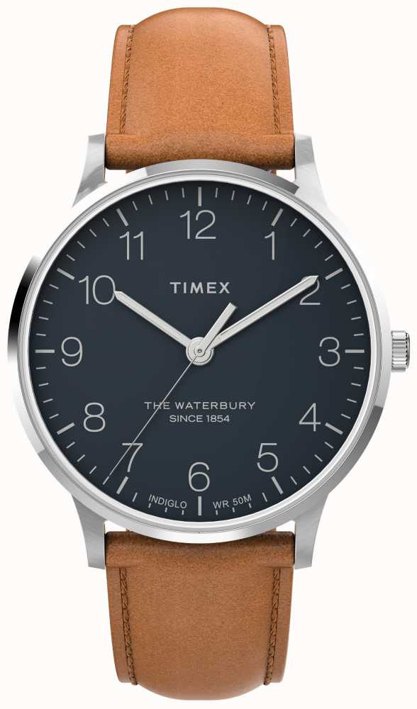 Timex Waterbury Classic 40mm 3 Hand SST Case Blue Dial Lt Brn Strap  TW2U97200