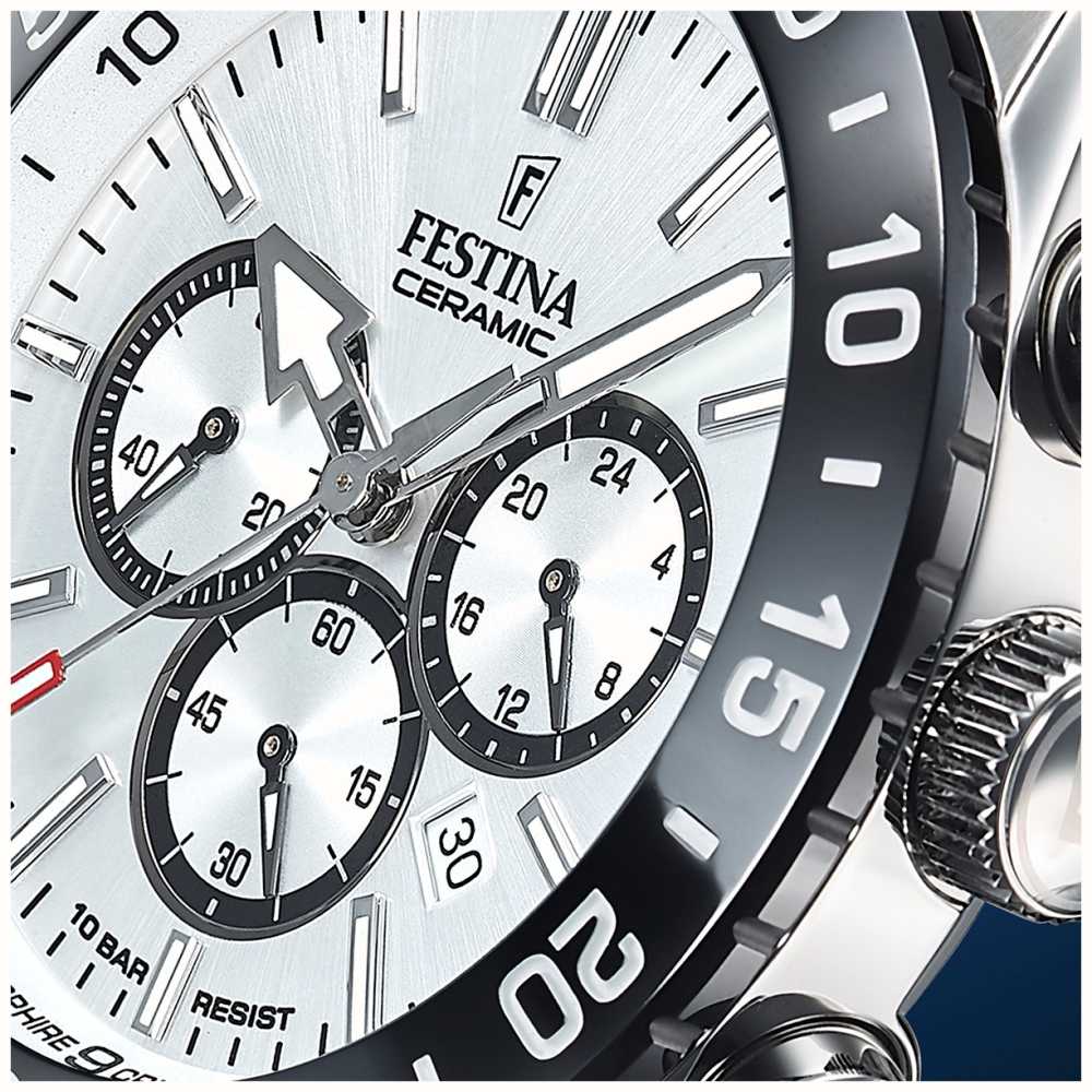 Festina Men's Steel Chrono Watch White Dial & Black Ceramic Bezel F20575/1  - First Class Watches™ USA