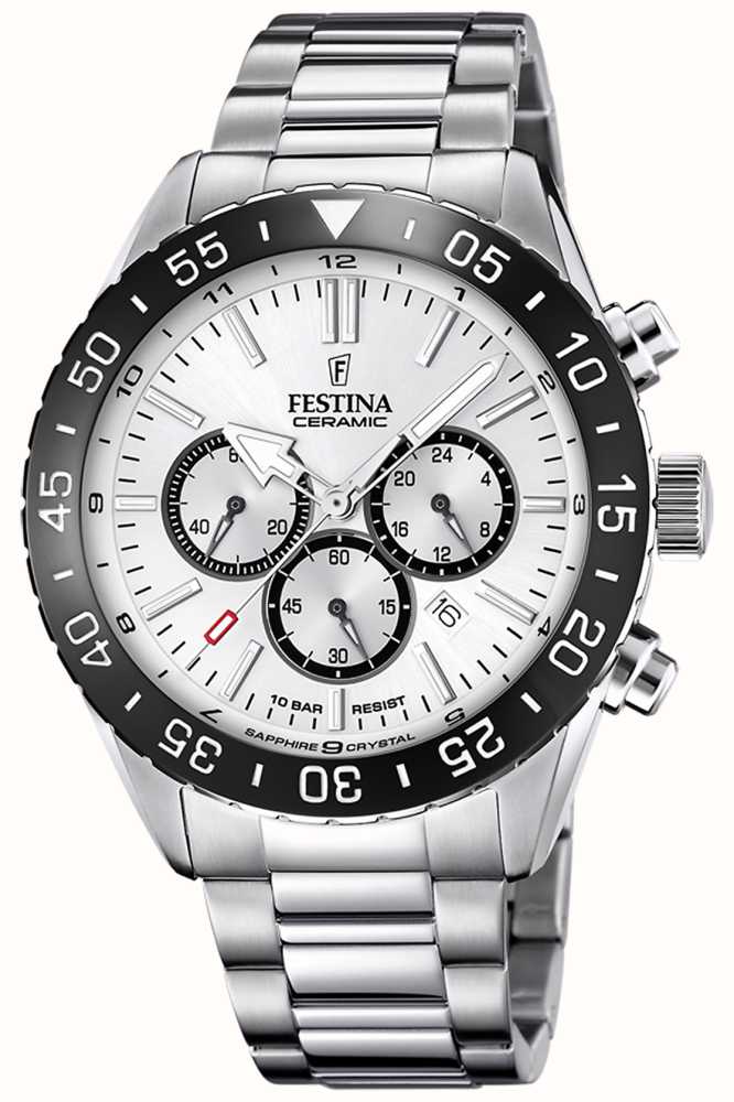 Festina Men\'s Steel Chrono Watch White Dial & Black Ceramic Bezel F20575/1  - First Class Watches™ USA