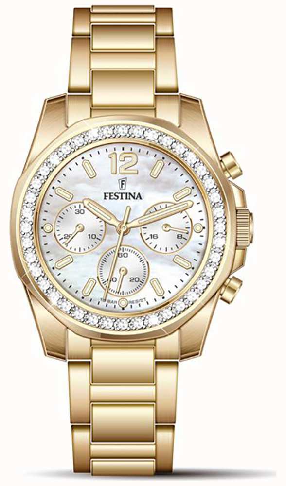 Festina Ladies Gold-pl.Steel Chrono Watch W/Steel Bracelet F20609/1 - First  Class Watches™ USA