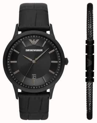 Emporio Armani Men's | Watch and Bracelet Giftset | Black Leather Strap AR80057