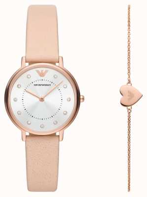 Emporio Armani Women's Giftset | Pink Leather Strap Watch | Rose Gold Tone Bracelet AR80058