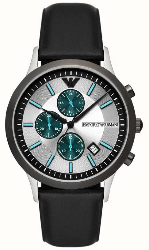 Emporio Armani Mens - Silver | Chronograph Strap USA Leather Black Watches™ | AR11473 | Dial First Class