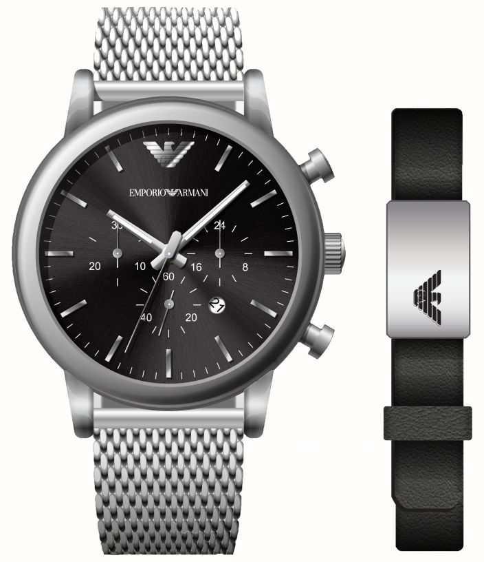 NEW Emporio Armani AR80057 3 Hand Date Black Leather Watch Bracelet Gift  2pc Set | eBay